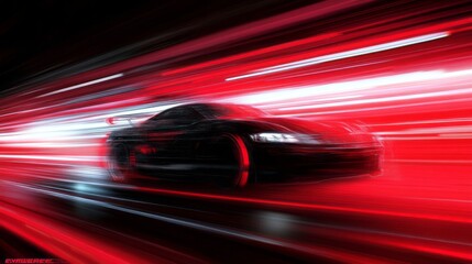 Fototapeta premium A sleek black sports car speeds through a neon-lit city street at night, surrounded by vibrant red light trails
