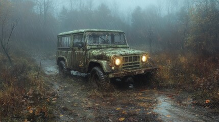 Old off-road vehicle navigating through a muddy trail in a foggy forest during early morning