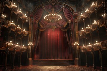Opulent theater hall with lit chandeliers