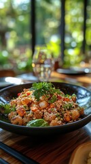 A vibrant dish of garnished rice, featuring colorful vegetables and herbs, set against a scenic backdrop for a delicious presentation.