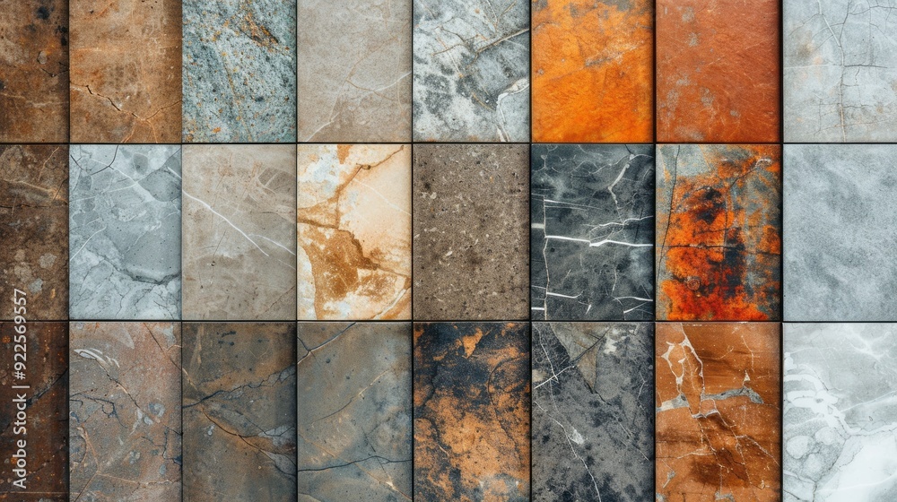 Poster A stunning array of colorful tiles featuring intricate patterns, highlighting various textures in a bright and warm workspace