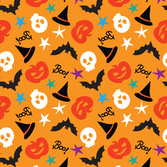 Halloween seamless pattern design with ghost, skull, pumpkin and bats.