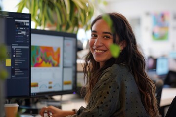 Happy young Hispanic female Designing user experiences and interfaces in startup company office