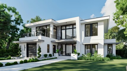 Modern Two-Story Home with White Exterior and Greenery