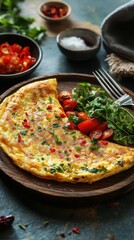 Delicious omelette garnished with fresh herbs, tomatoes, and spices, served on a rustic plate.