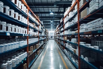 Pharmaceutical warehouse with organized shelves and neatly arranged medication
