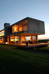 Modern Concrete House With Grass Lawn And Sunset Sky