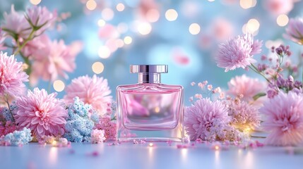 Elegant perfume bottle surrounded by soft pink flowers and glowing lights, creating a dreamy and romantic atmosphere.