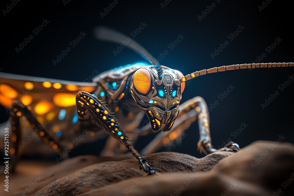 Poster macro shot of a vibrant, colorful insect with intricate patterns on a dark background, showcasing it