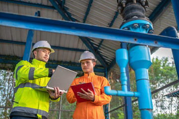 Engineer and technician maintenance checking technical data of system equipment Condenser Water pump and pressure gauge,environmentalist working at water supply