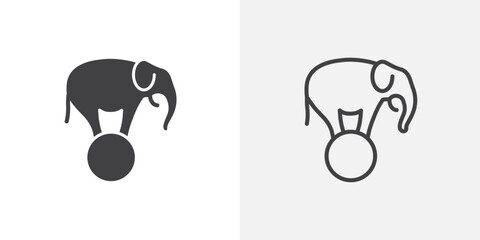 Elephant on a ball vector icon set black filled and outlined style.