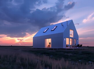 Obraz premium Modern House Design with Skylights and Sunset View