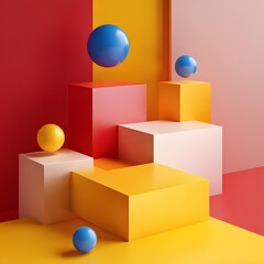 Obraz premium Abstract Minimalist 3D Geometric Shapes Background Yellow Red Blue White