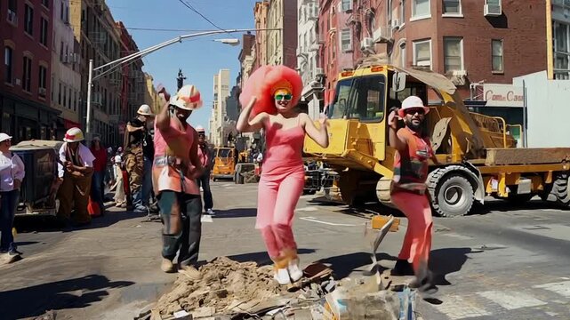 Colorful construction crew dancing on a street