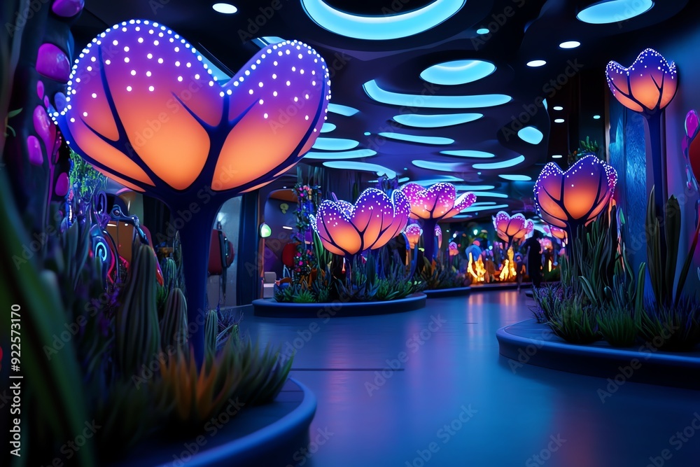 Poster Magical illuminated flowers creating a mesmerizing environment with vibrant colors and futuristic elements in a surreal fantasy setting.