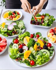 A Symphony of Colors and Flavors: A Bountiful Harvest of Fresh Fruits and Vegetables in a Delectable Salad Creation