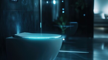 Modern smart toilet with advanced features: self-cleaning, heated seat, bidet function, controllable via an app or AI, set in a sleek bathroom environment.
