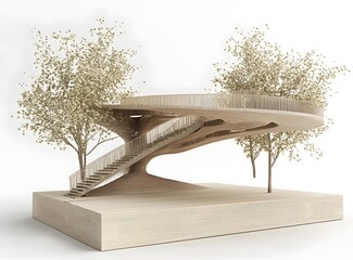 Wooden Bridge Design Model with Curved Stairs and Trees