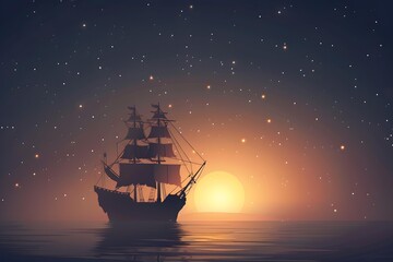 Fototapeta premium Silhouette Of A Ship Sailing On The Sea At Sunset