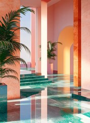 Fototapeta premium Green Marble Floor With Pink And Orange Walls In Minimalist Interior Design