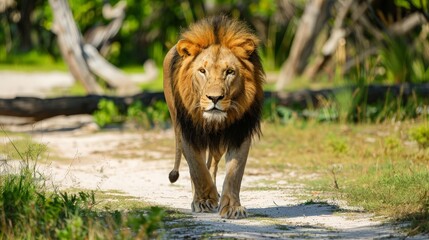 Fototapeta premium Majestic Lion Walking on a Path