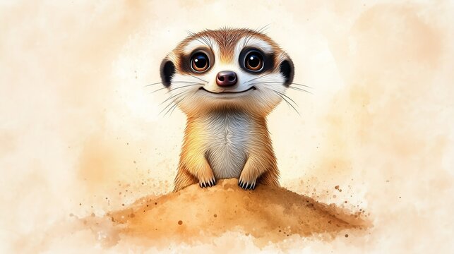painting of a cartoon meerkat standing upright with a big smile, looking out from behind a pile of sand. watercolor scene includes warm browns and bright, with the meerkat isolated on background