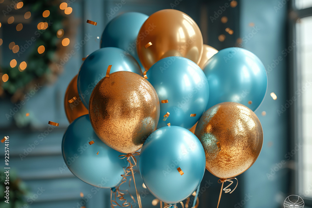 Wall mural blue and gold balloons decor for party celebration with shiny festive sparkle in the background