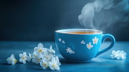 A steaming cup of tea in a blue cup adorned with white flowers, offering a peaceful and soothing experience.
