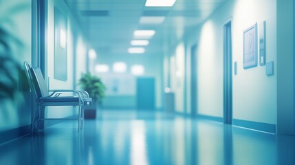 Obraz premium Empty hospital corridor with blue-tinted lighting, reflecting floors, and chairs along the wall, creating an eerie and quiet atmosphere in a medical facility.