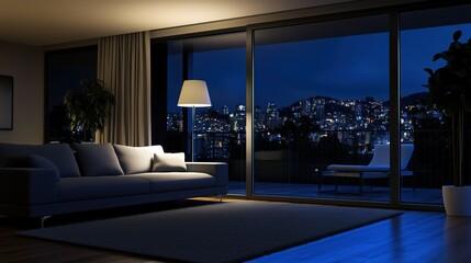 Smart lighting system in a modern room, remotely controlled or programmed to adjust based on time, occupancy, or natural light levels.