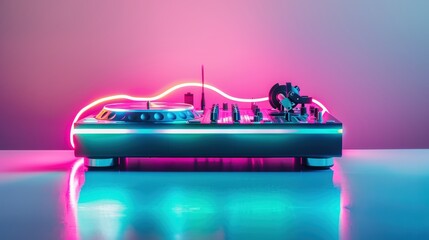 Neon-lit DJ turntable and mixer, illuminated with vibrant colors that enhance the excitement of music mixing and nightlife.