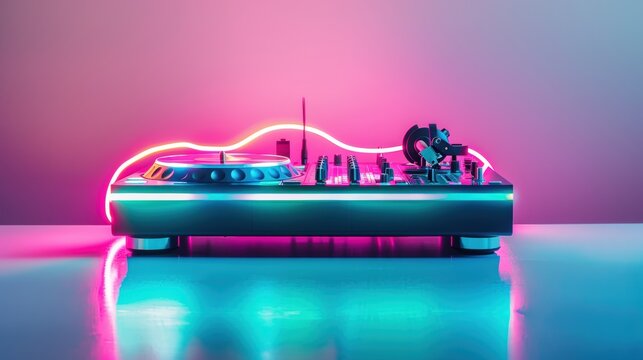 Neon-lit DJ turntable and mixer, illuminated with vibrant colors that enhance the excitement of music mixing and nightlife.