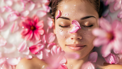 Beautiful woman surrounded by pink flower petals during spa treatment. Close-up portrait showcasing natural skincare and wellness. Concept of beauty, relaxation, and rejuvenation through aromatherapy