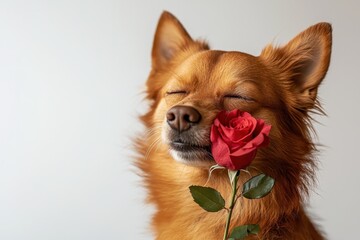 Serene Brown Dog Holding Red Rose in Mouth on White Background - Peaceful Pet Moment