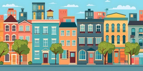 Colorful Cityscape Illustration With Row of Houses and Trees