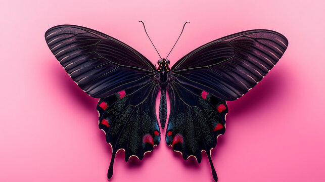 A beautiful black butterfly against a pink background
