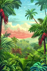 Fototapeta premium Tropical Rainforest Illustration With Palm Trees and Birds