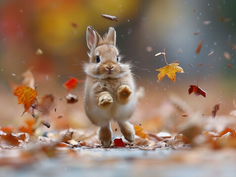 Front view of cute rabbit running really fast between colorful autumn leaves in a windy weather