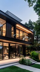 Modern Minimalist House Exterior With Green Grass And Patio