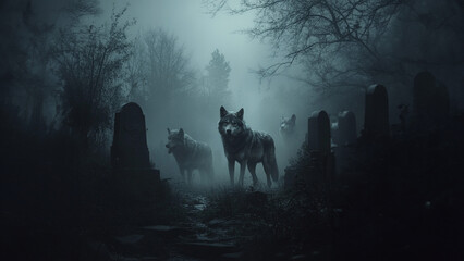 Pack Wolves Foggy Cemetery Night
