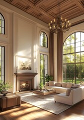 Modern Living Room with Large Windows and Fireplace