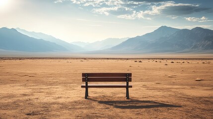Isolated bench in the middle of a barren desert landscape with distant mountains.