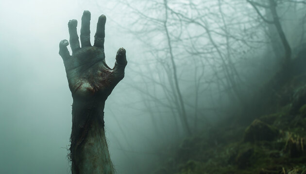 zombie hand reaching out of the ground in a foggy forest with room for text 