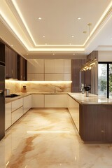 Modern Kitchen Interior Design with Marble Flooring and Gold Accents