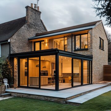A contemporary home extension being renovated, with open spaces and a blend of wood and glass materials