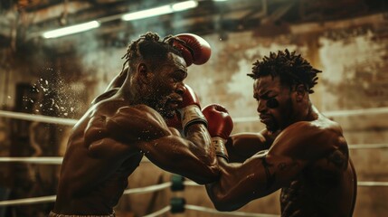 Intense Boxing Training Sparring Match in Rustic Gym - Gritty and Powerful Athletic Fitness Concept