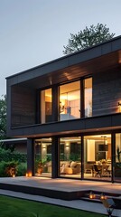 Fototapeta premium Modern Black House with Large Windows and Deck