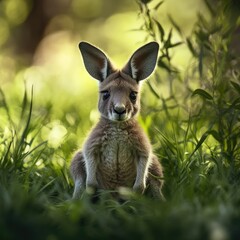 Fototapeta premium A cute baby kangaroo sitting in lush green grass, with its tiny ears perked up and an innocent expression