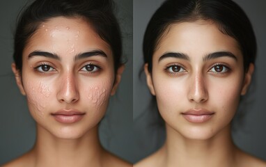 Female face before and after, from acne-prone to clear skin. Effect of skincare pimple treatment: benzoyl peroxide, salicylic acid, retinol, laser therapy.
