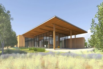 Obraz premium Modern House with Large Windows and Wooden Beams